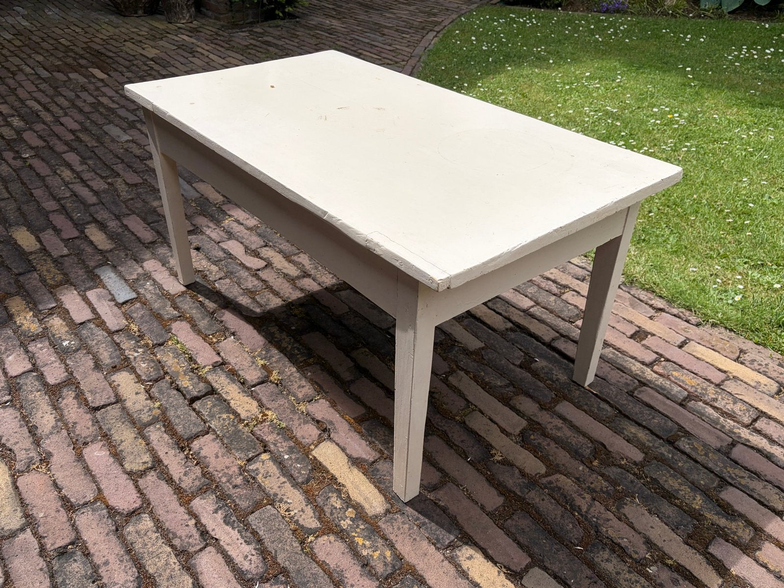 Vintage houten tafel, crème wit, 100x55 cm, Huis en Inrichting, Ophalen, Gebruikt, 100 tot 150 cm, Landelijk, vintage
