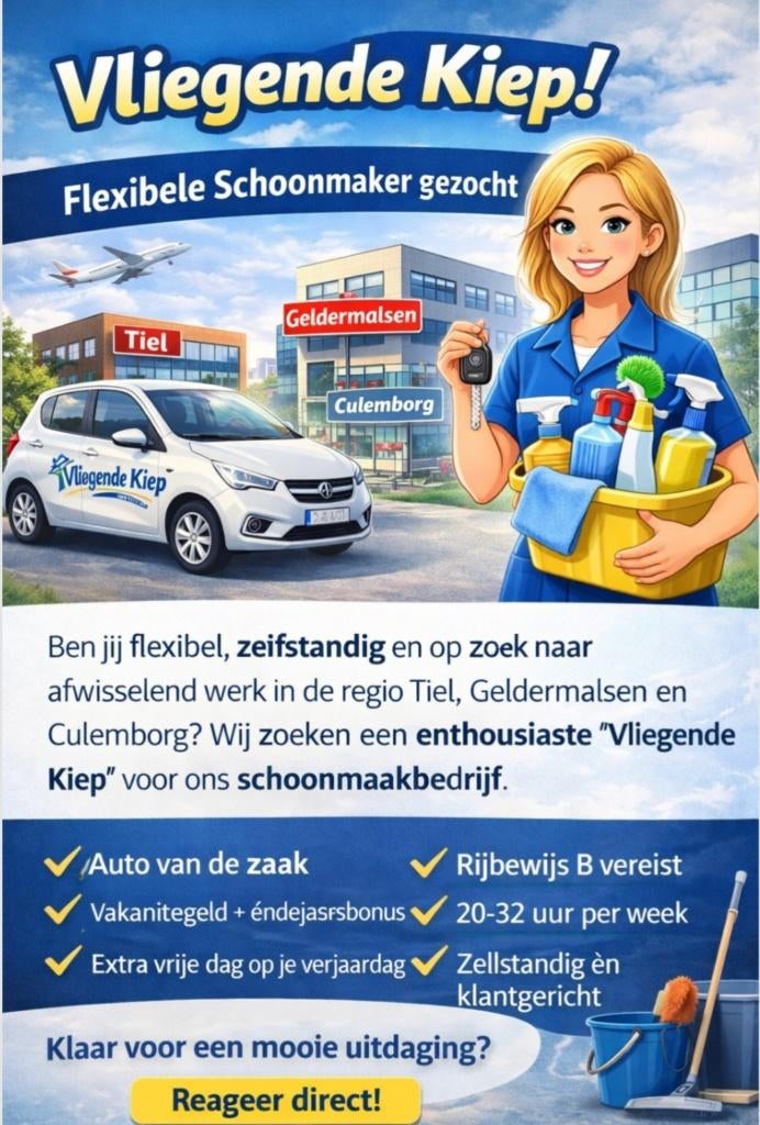 GEZOCHT vliegende kiep in de schoonmaak Tiel, Vacatures, 25 - 32 uur, Overige niveaus, Vanaf 1 jaar, Overige vormen