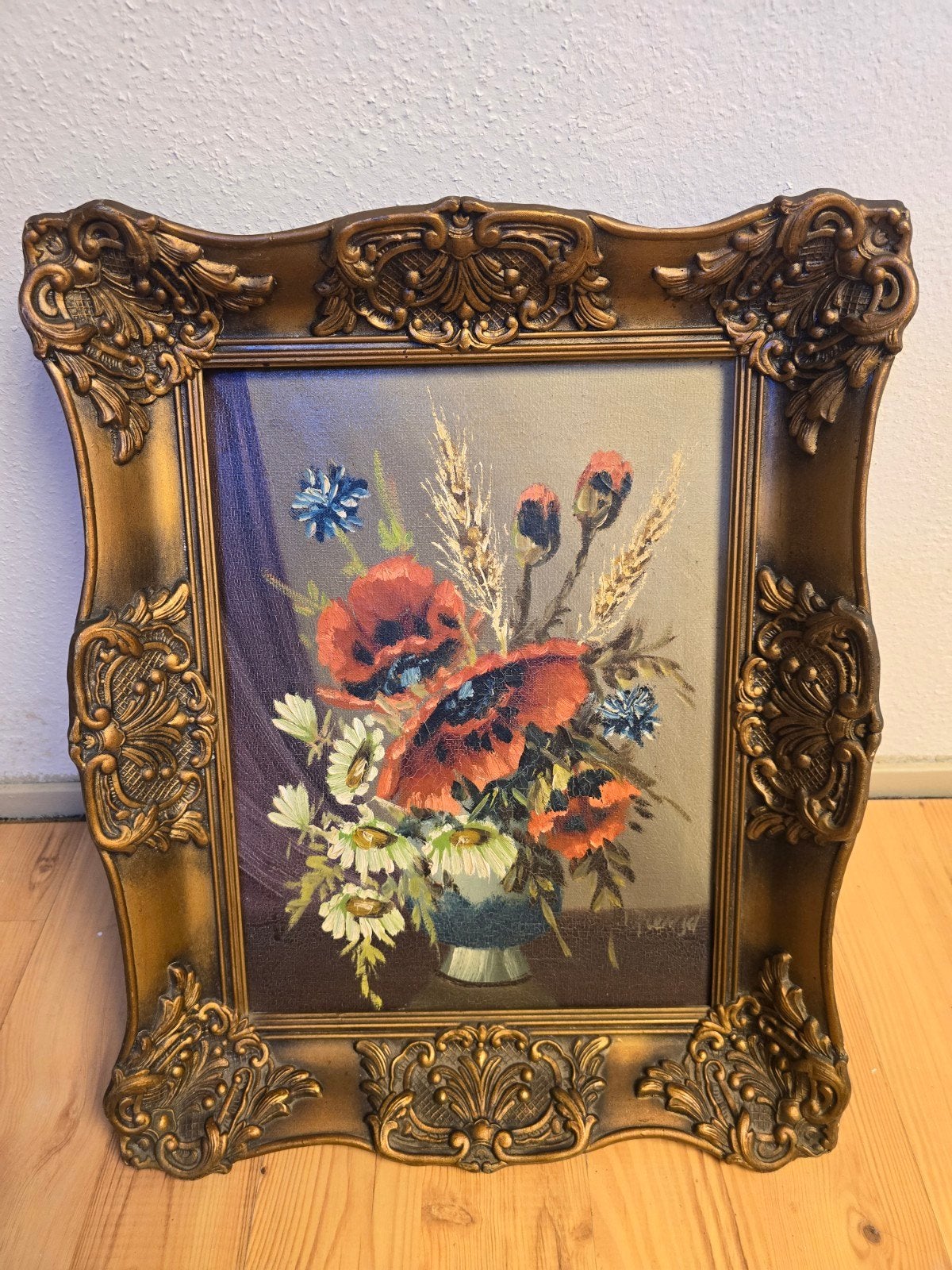 Schilderij met bloemen in sierlijke lijst, Bloemen, Bijzondere lijst, Doek, Realistisch