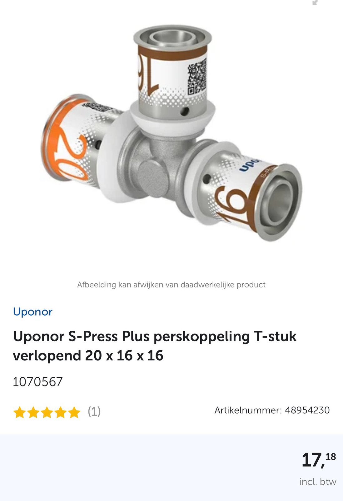 Uponor S-Press Plus perskoppeling T-stuk verlopend 20x16x16, Ophalen, Nieuw, Overige typen