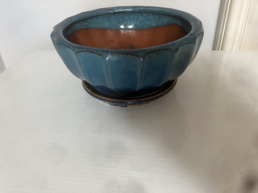 Vintage Blauwe Keramische Bonsaischaal / Plantenpot, Gebruikt, Rond, Ophalen of Verzenden, Balkon