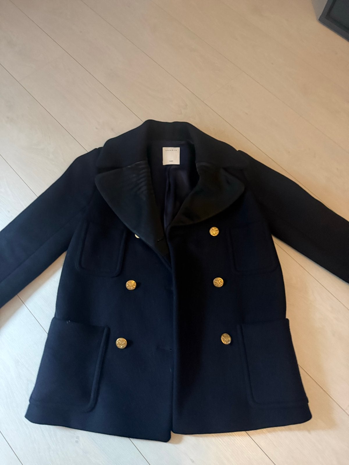Sandro Paris marineblauwe wollen jas met gouden knopen, Ophalen of Verzenden, Zo goed als nieuw, Maat 36 (S), Blauw
