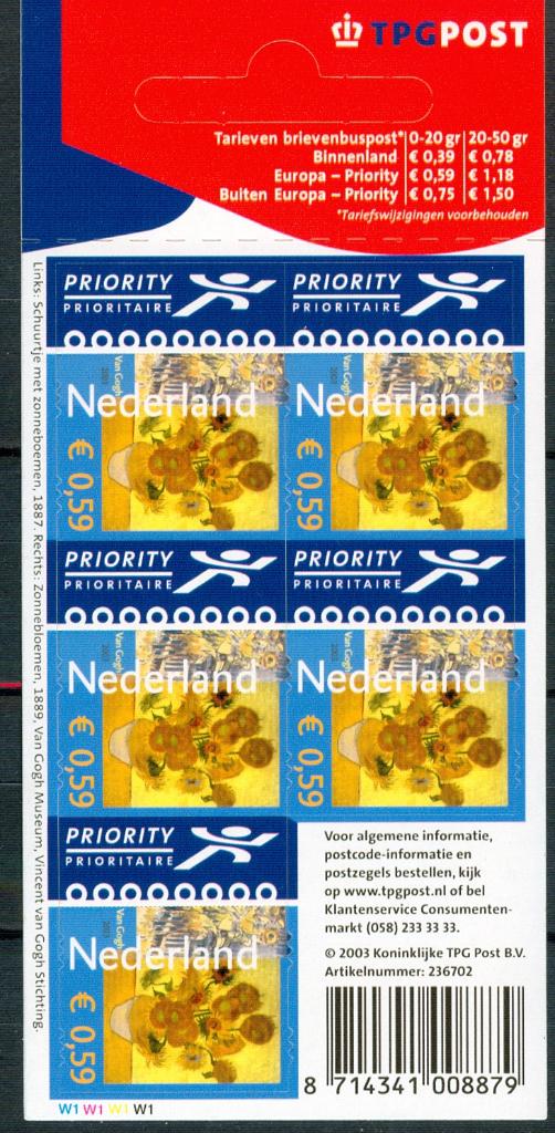 Ned. NVPH V2140 Vincent van Gogh 2003, Postzegels en Munten, Ophalen of Verzenden, Na 1940, Postfris