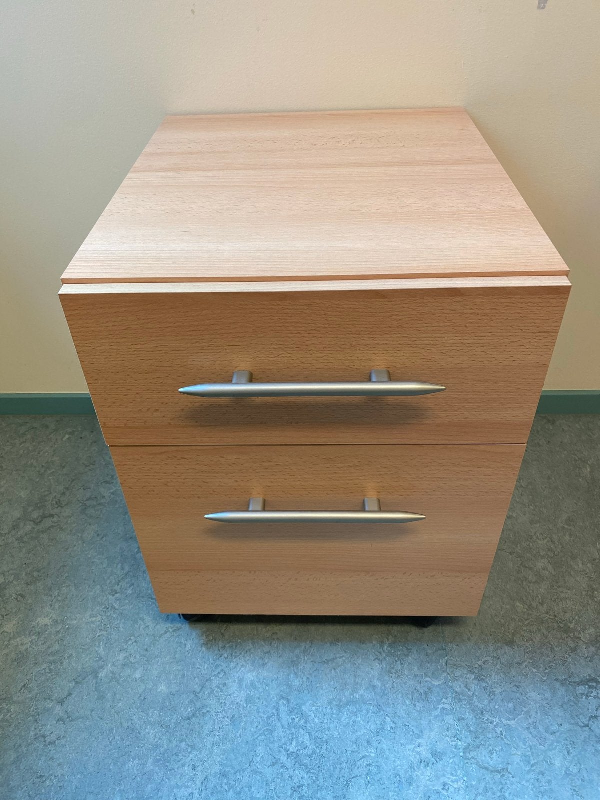 Verrijdbaar beuken bureau onderkastje met 2 laden, Huis en Inrichting, Bureaus, Ophalen, Zo goed als nieuw