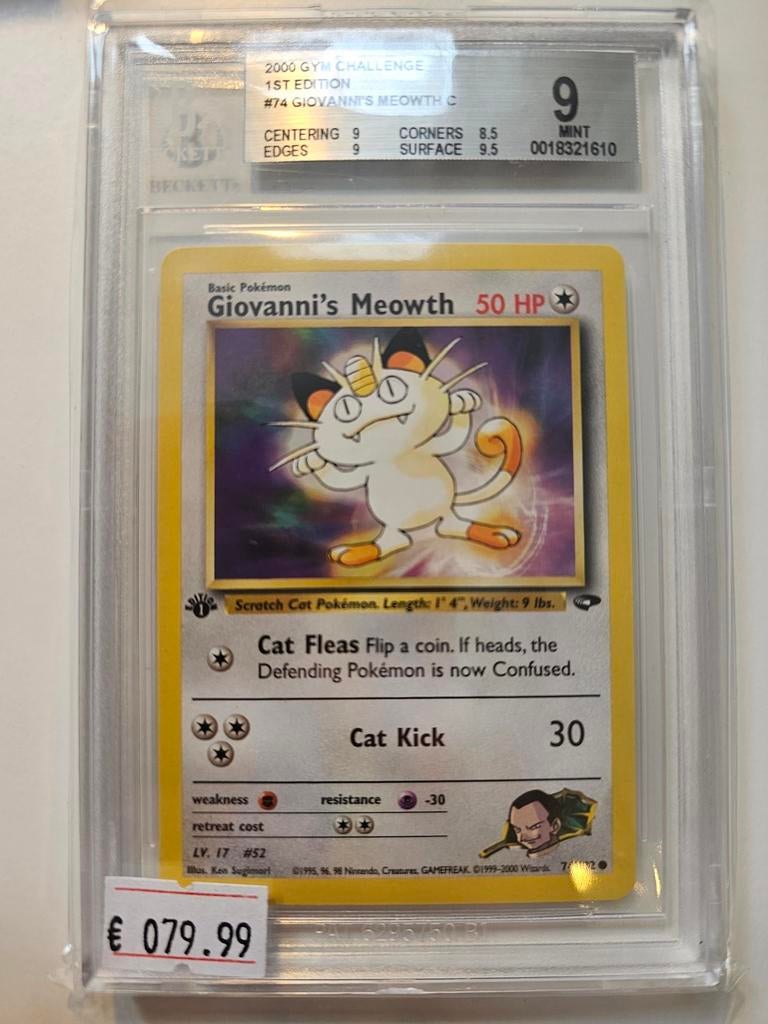 Giovanni's Meowth 74 1st Edition 2000 Gym Challenge BGS 9, Ophalen of Verzenden