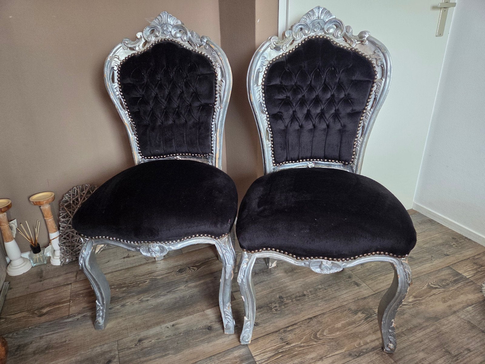 2 Barok stoelen - Zilver met zwart fluweel, Ophalen of Verzenden