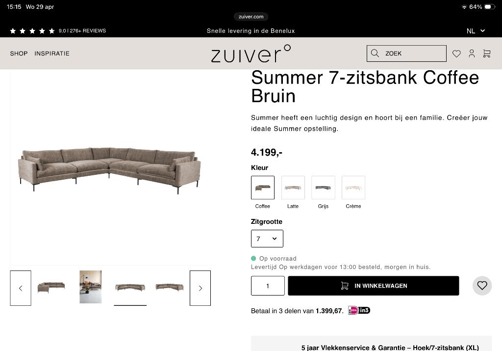 7-sits hoekbank 4 jaar oud Zuiver, Huis en Inrichting, Banken | Bankstellen, Overige materialen, Hoekbank, 300 cm of meer, Ophalen of Verzenden