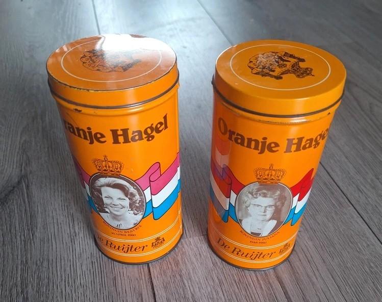 De Ruiter Oranje Hagel blikken Juliana Beatrix vintage, Verzamelen, Blikken, Ophalen of Verzenden, Gebruikt, Overige, Overige merken