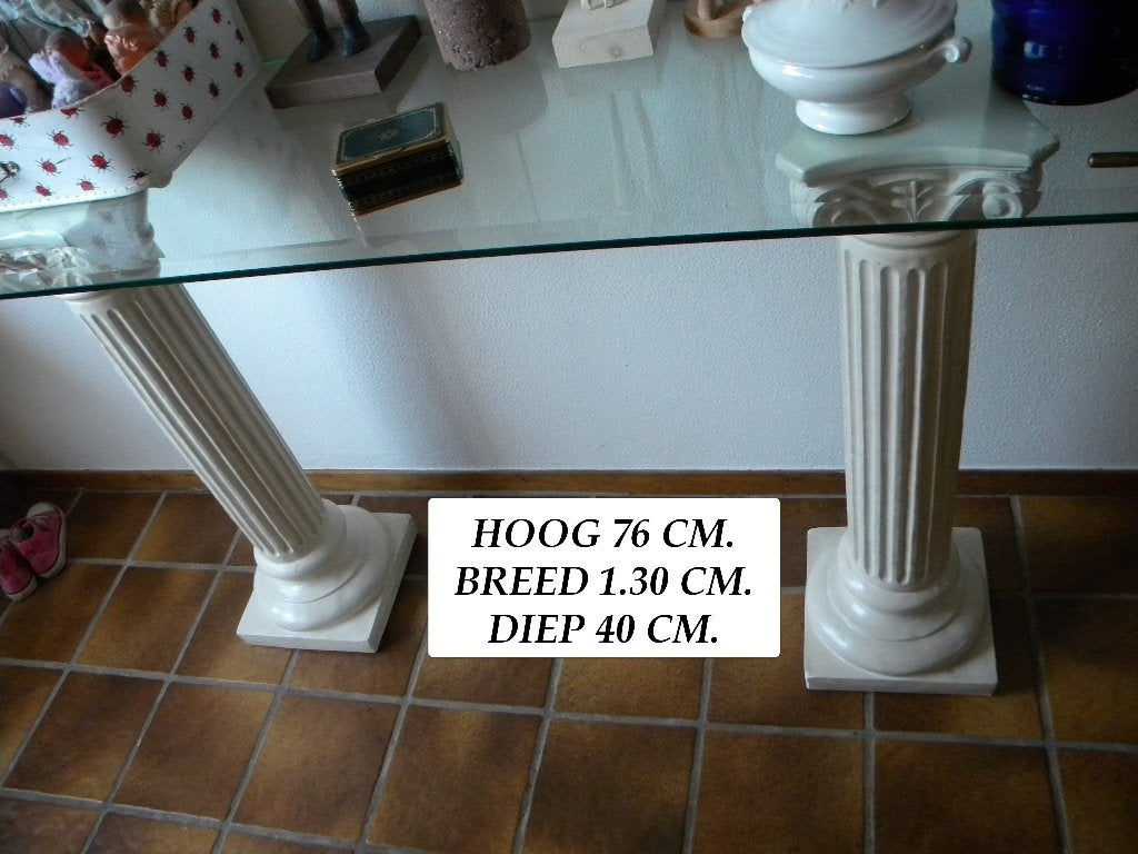 SIDETABLE, FACET GESLEPEN GLAZEN BLAD, ZUILEN GIPS, Ophalen, Gebruikt, 100 tot 150 cm, ROMANTISCH, LANDELIJK