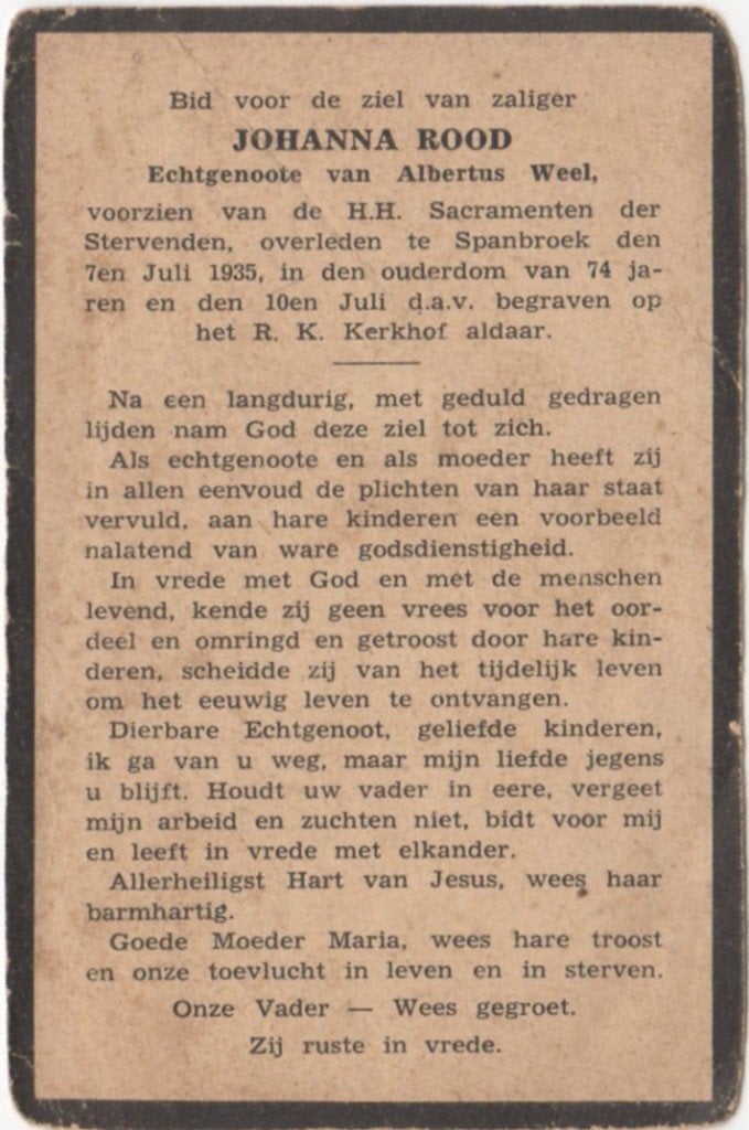Johanna Rood 1861 Obdam + 1935 Spanbroek, 74 jaar oud, Ophalen of Verzenden