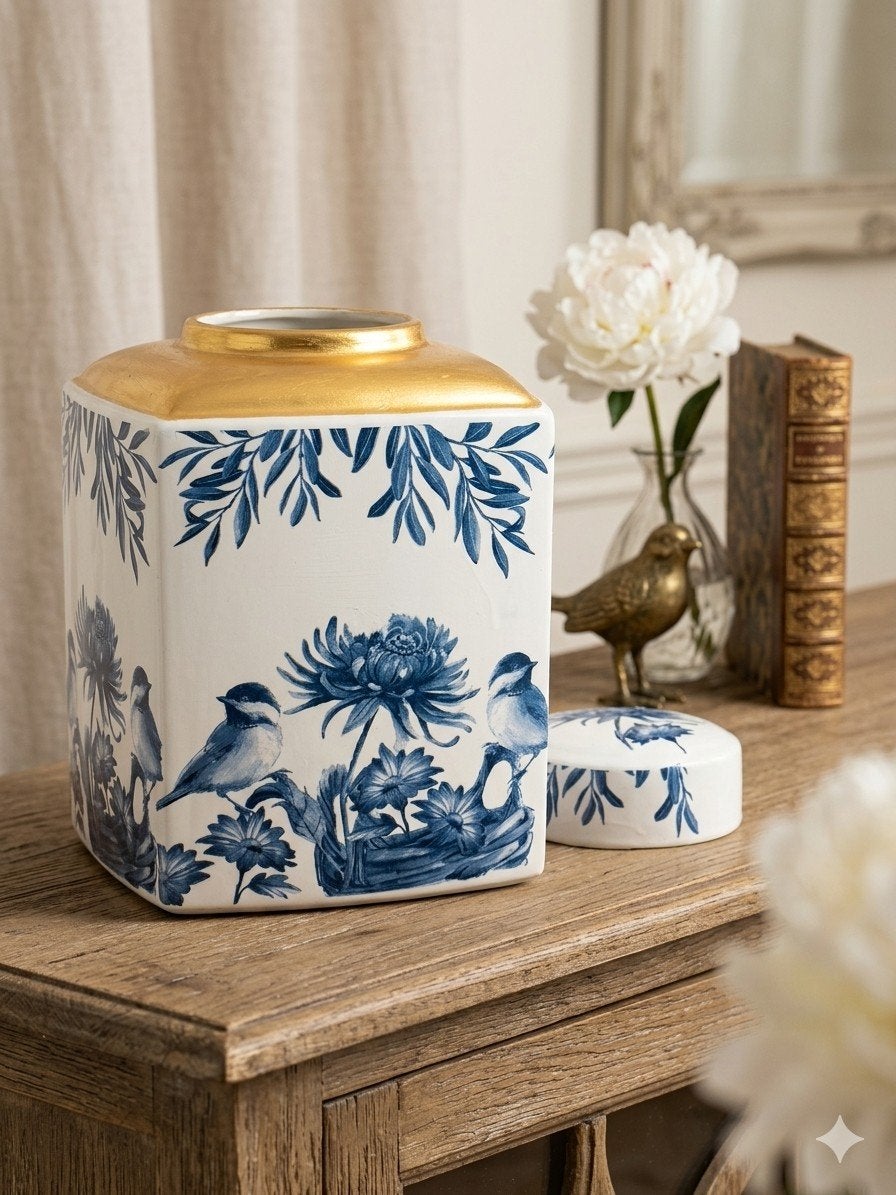 Grote vierkante Delftsblauwe pot met vogeldecoratie, Ophalen of Verzenden