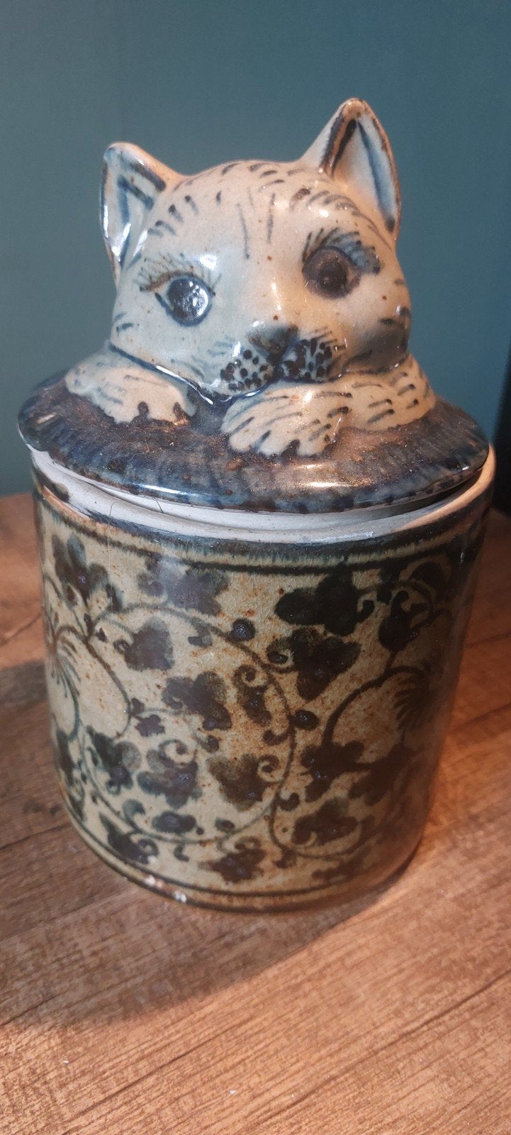 Unieke keramische pot met kattenkop deksel, Ophalen of Verzenden