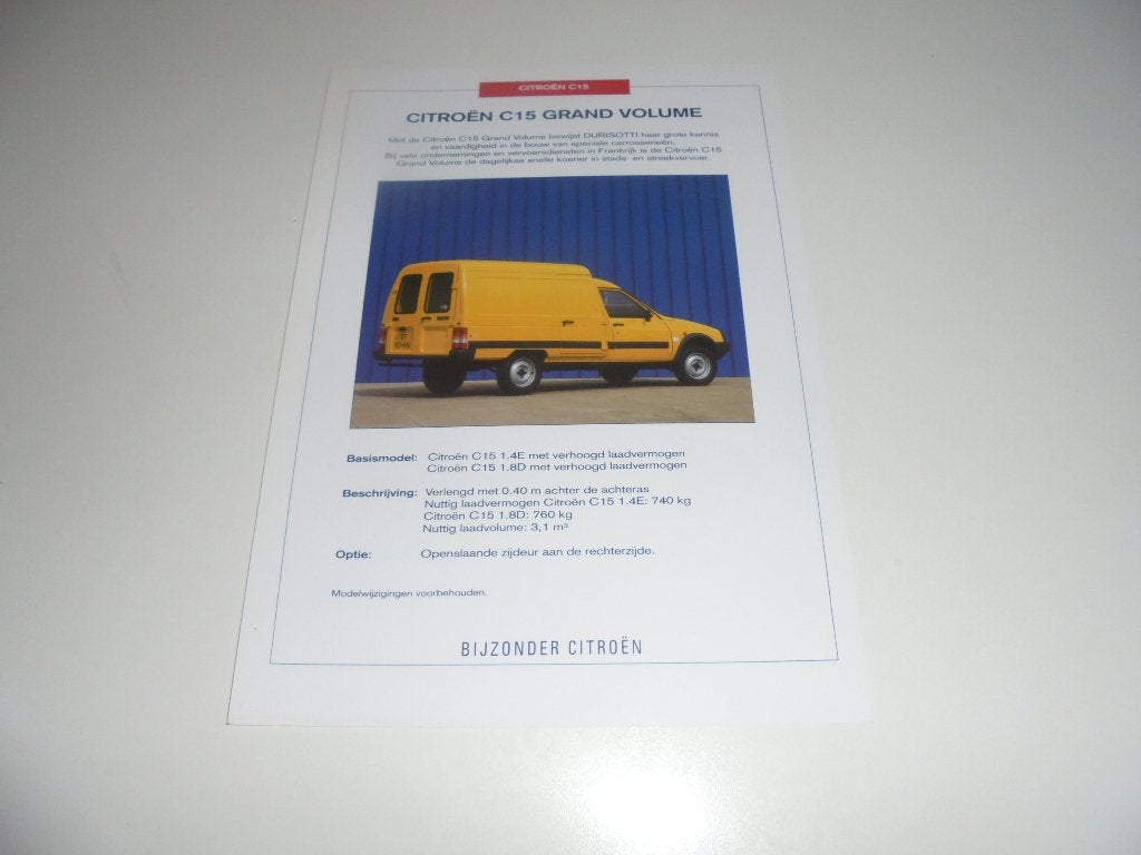 leaflet Citroen C15 Grand Volume Durisotti, Ophalen of Verzenden, Nieuw, Citroën