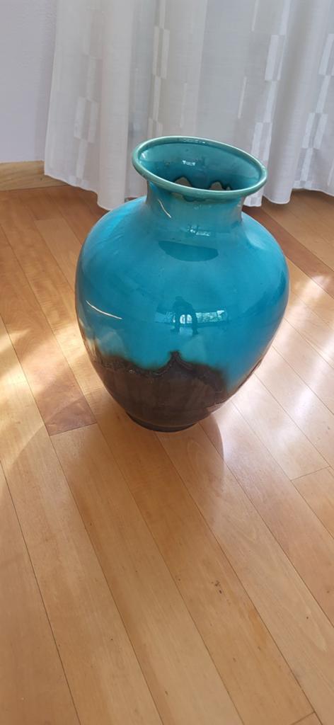 Grote turquoise vaas met uniek glazuur, Ophalen of Verzenden