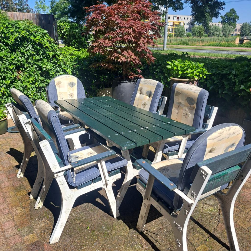Robuuste tuinset met 6 stoelen en kussens, Ophalen of Verzenden, Gebruikt