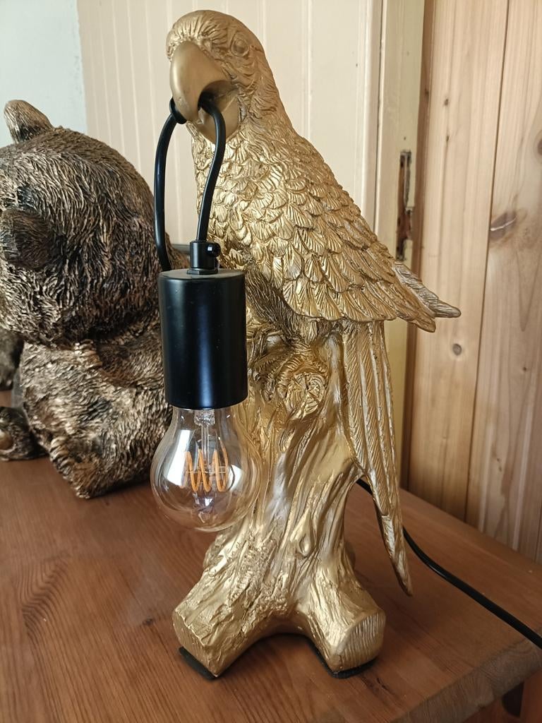 Gouden Papegaai Tafellamp met Edison Lamp, 50 tot 75 cm, Ophalen of Verzenden, Zo goed als nieuw, Metaal