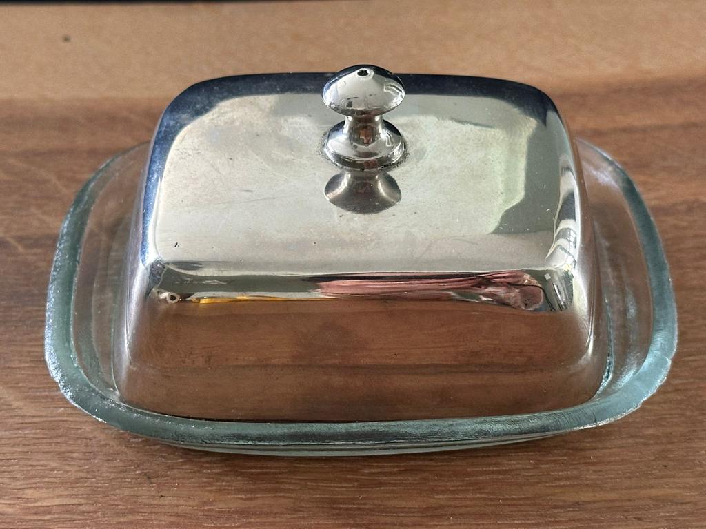 Verzilverd botervlootje met glazen schaal, 11x9 cm, Antiek en Kunst, Ophalen of Verzenden