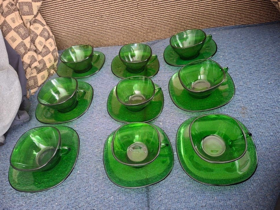 Vintage Vereco France kop en schotels jaren '70 - Groen glas, Ophalen of Verzenden
