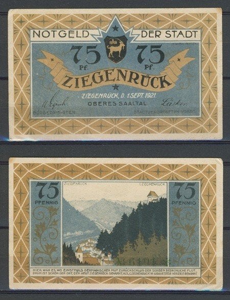 Ziegenrück 75 Pf 1921 Duits Notgeld Noodgeld Biljet c-159, Postzegels en Munten, Bankbiljetten | Europa | Niet-Eurobiljetten, Ophalen of Verzenden