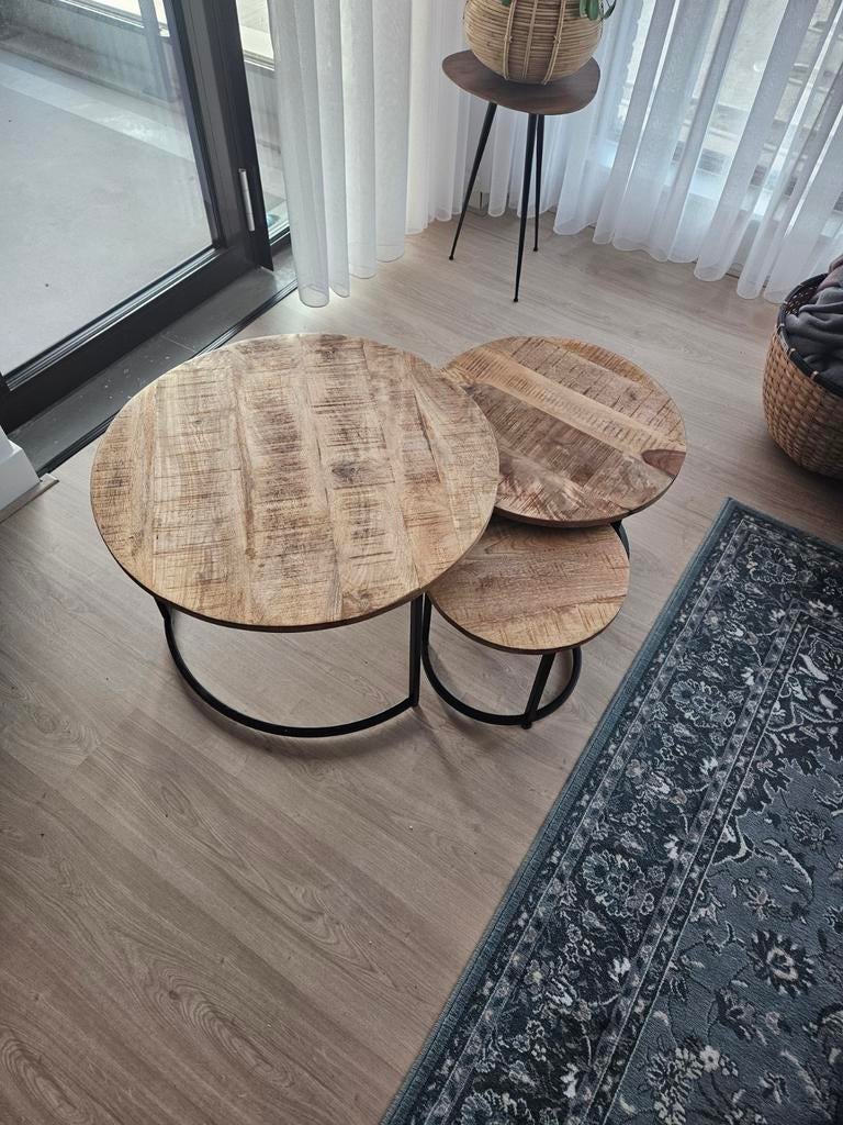 Set van 3 salontafels mangohout en metaal, Huis en Inrichting, Tafels | Salontafels, Gebruikt, 50 tot 100 cm, Rond, 50 tot 100 cm