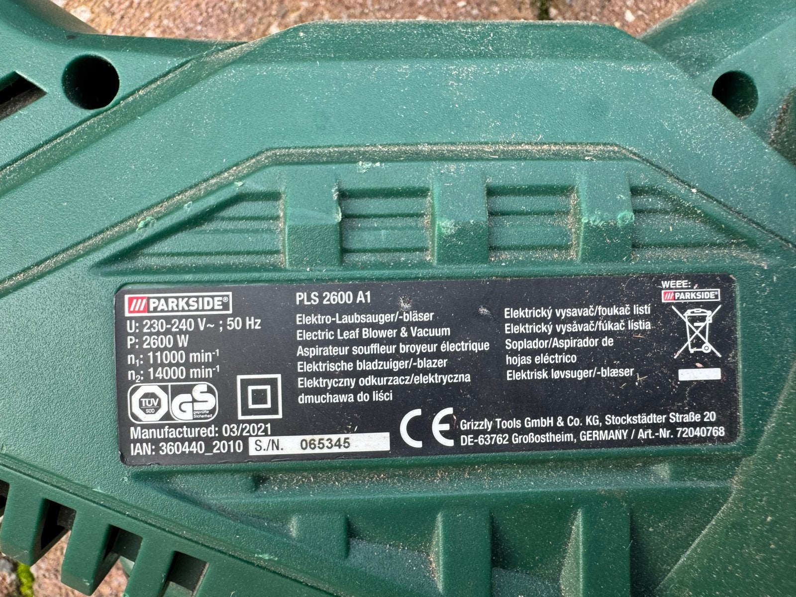 Parkside PLS 2600 A1 Elektrische Bladblazer/Zuiger, Tuin en Terras, Handgedragen, Ophalen of Verzenden, Zo goed als nieuw, Met opvangzak