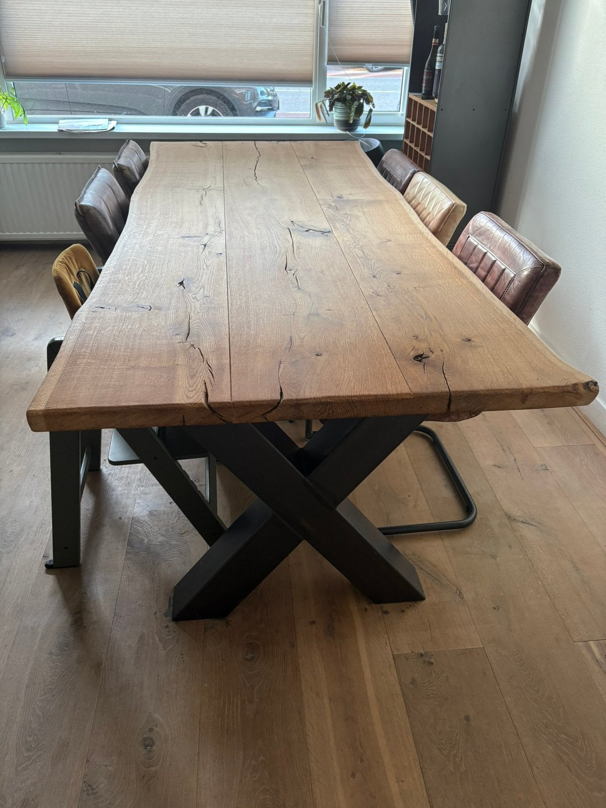 Boomstamtafel 240cm met X poten, inclusief stoelen, Ophalen, 200 cm of meer, 50 tot 100 cm, Zo goed als nieuw
