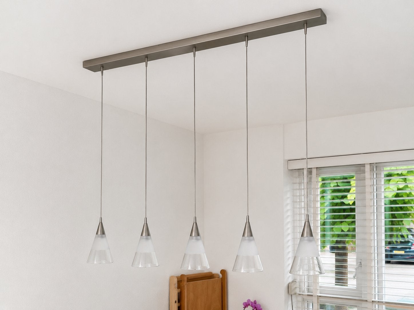 Moderne 5-lichts hanglamp – glas / RVS-look, Ophalen, Zo goed als nieuw, Glas