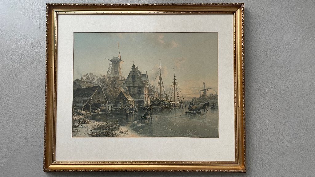 Antieke oliedruk – "Hollands wintergezicht met molen", Antiek en Kunst, Ophalen, Achter glas, Landschap, Klassiek