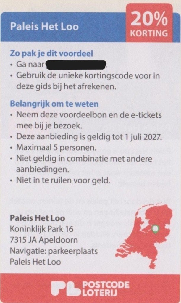 Paleis Het Loo Apeldoorn. 20% korting. Postcodeloterij bon., Drie personen of meer, Kortingskaart