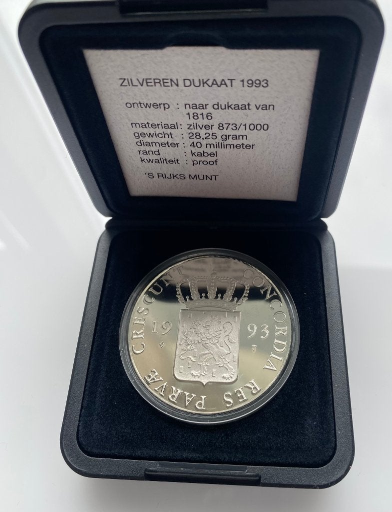 Nederland zilveren dukaat 1993 - naar dukaat 1816, Ophalen of Verzenden, Zilver
