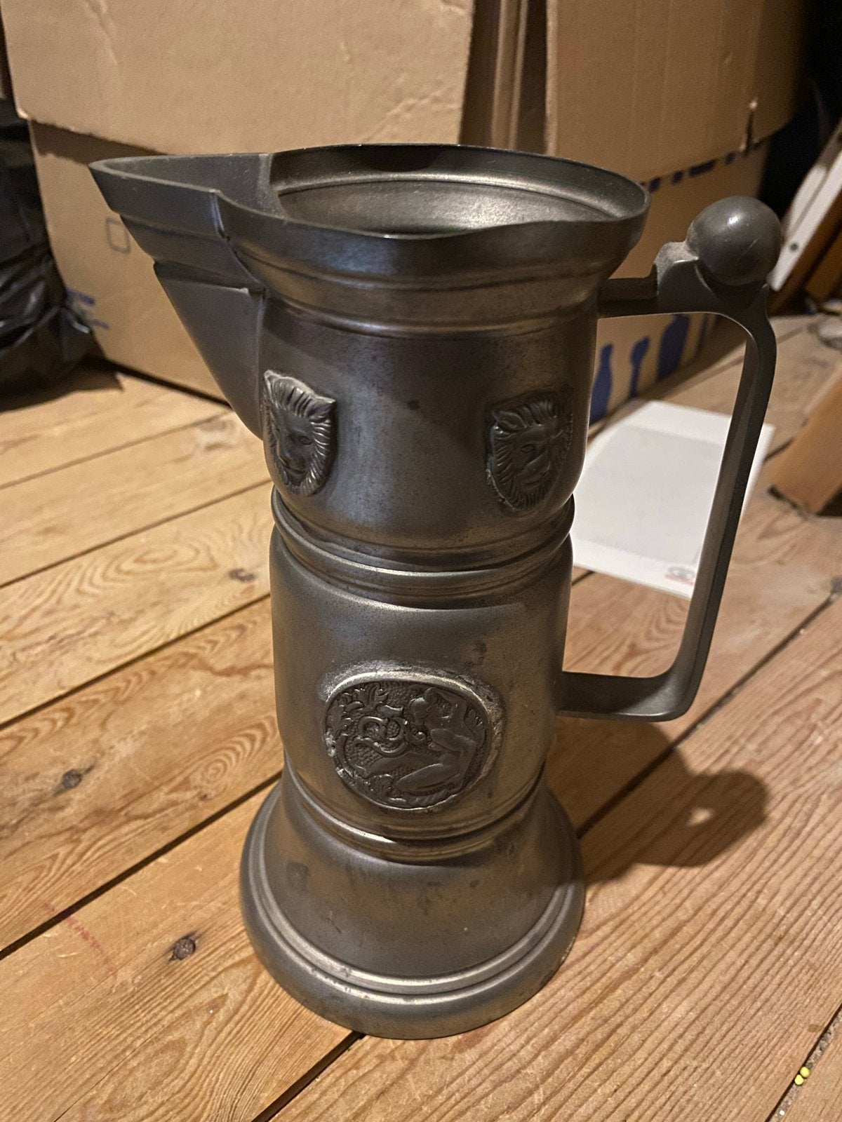 Antieke tinnen kan met reliëfdecoratie, Antiek en Kunst, Verzenden