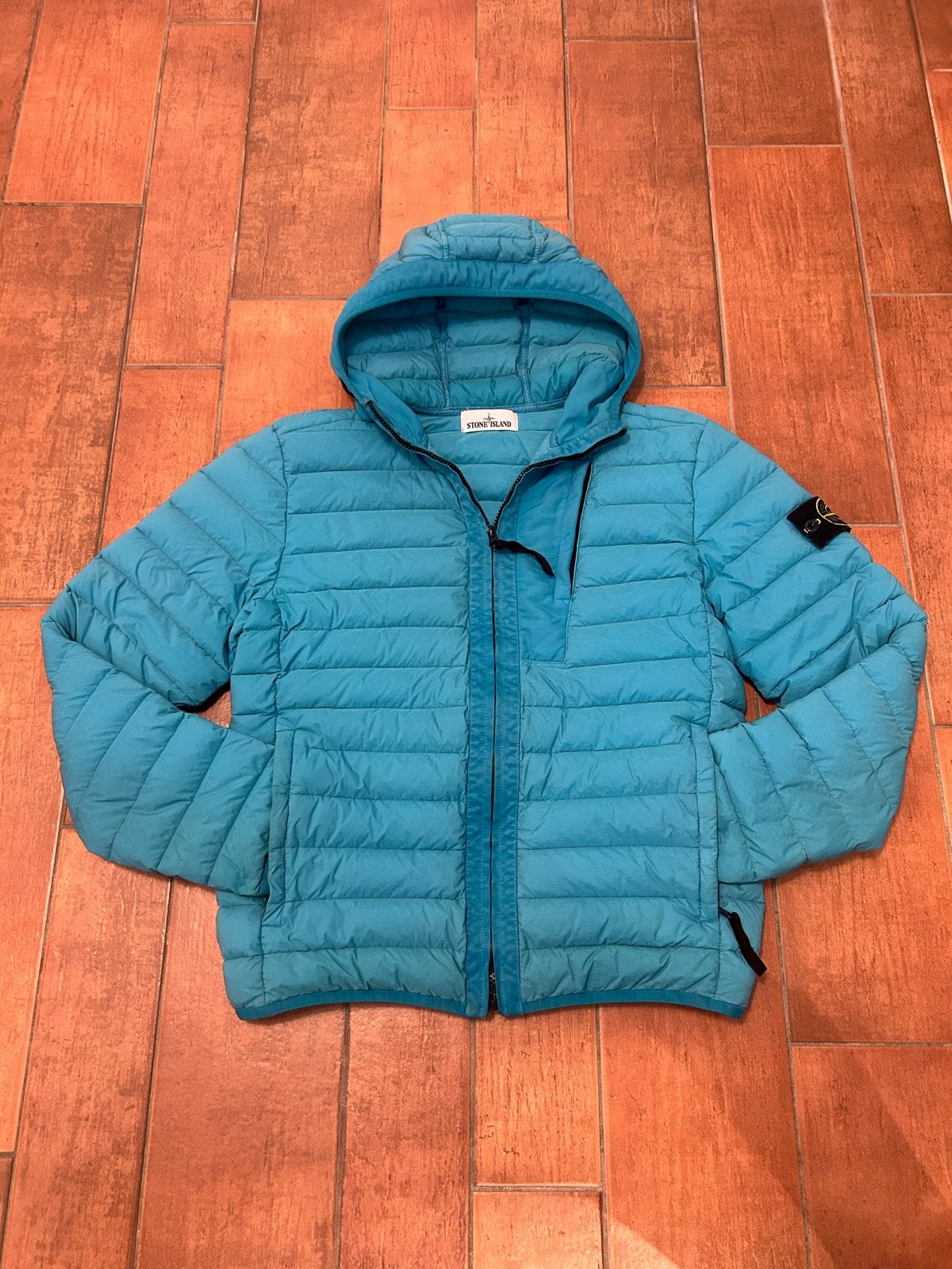 Stone Island Loom Woven Down Jacket - Turquoise, Ophalen of Verzenden, Zo goed als nieuw, Maat 46 (S) of kleiner, Overige kleuren
