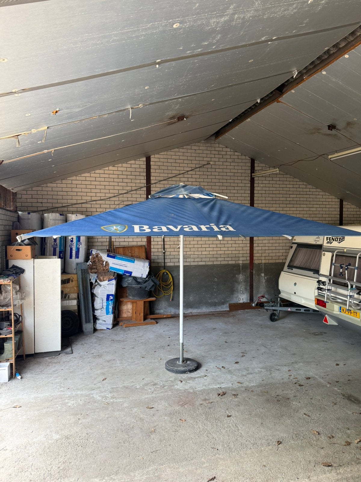 Bavaria parasol met voet - 4 x 4 mtr, Ophalen of Verzenden, Gebruikt, 3 tot 4 meter, Stokparasol