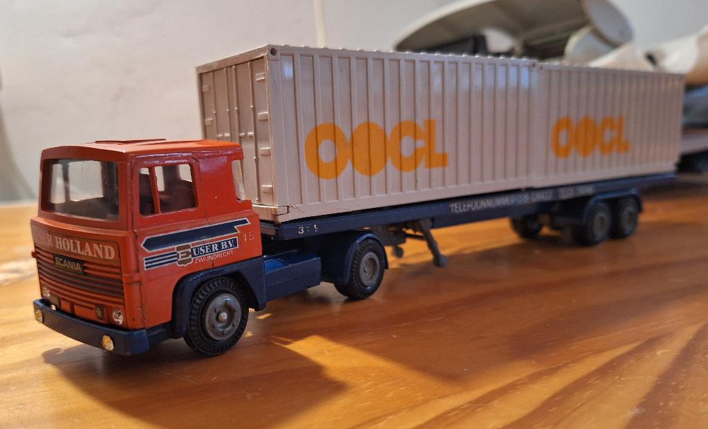 Tekno Scania 141 Euser Containerchassis, Hobby en Vrije tijd, Modelauto's | 1:50, Zo goed als nieuw, Bus of Vrachtwagen, Tekno