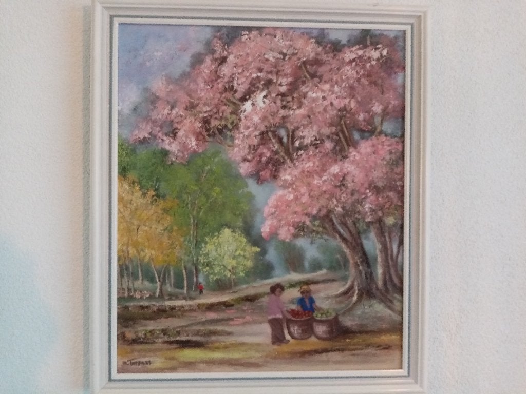 Oud Indonesisch schilderij gesigneerd (M Twepass), Ophalen of Verzenden, Overige stijlen, Ingelijst, Stads- / dorpsgezicht