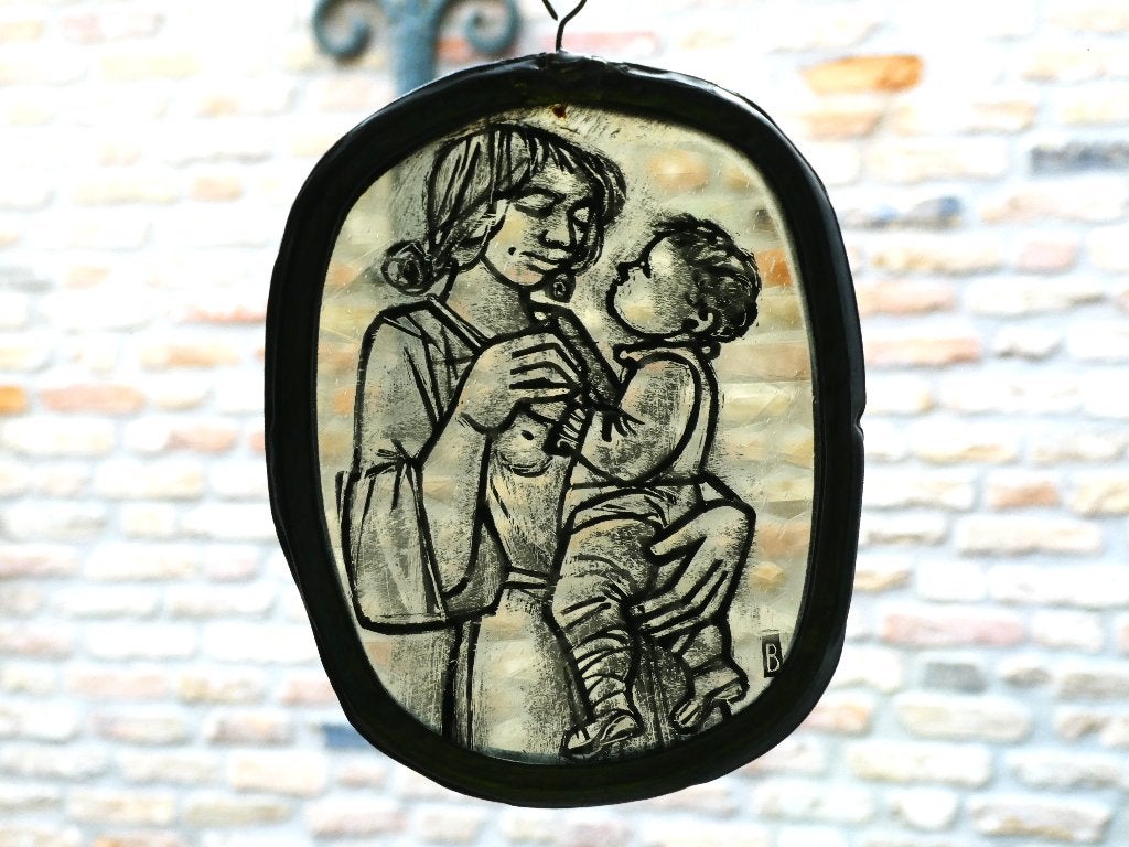 Handvervaardigd glas in lood raamhanger Moeder en Kind, Ophalen of Verzenden