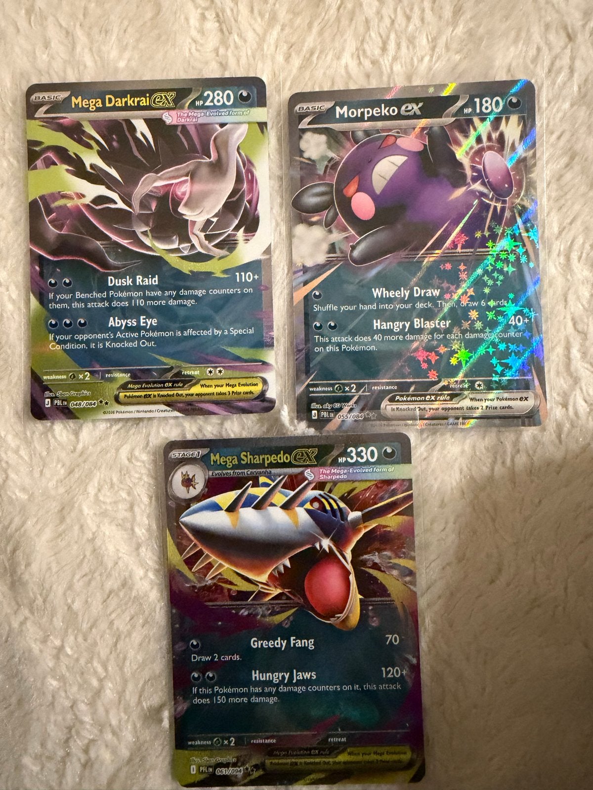 Pokémon EX kaarten: Mega Darkrai, Morpeko, Mega Sharpedo, Ophalen of Verzenden, Zo goed als nieuw, Meerdere kaarten