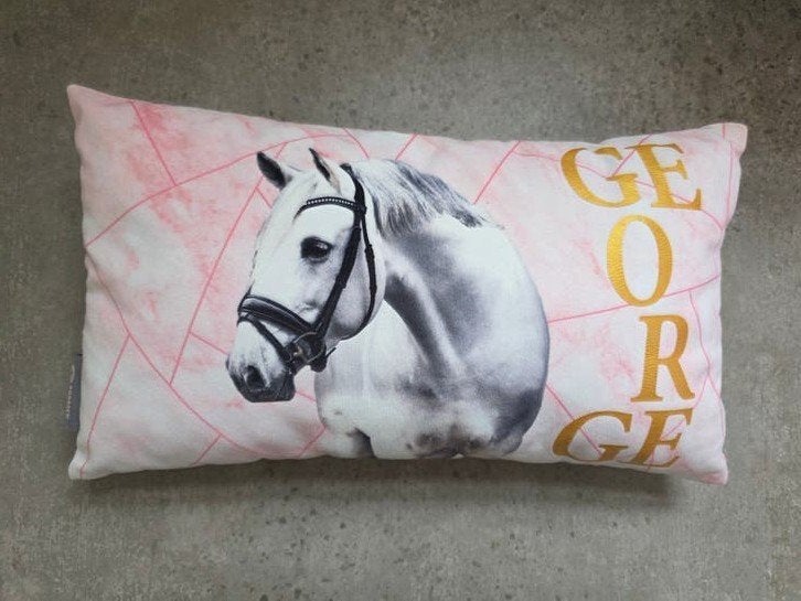 Paarden Praat TV kussen - Roze met paardenprint, Huis en Inrichting, Overige merken, Gebruikt, Met print, Ophalen of Verzenden