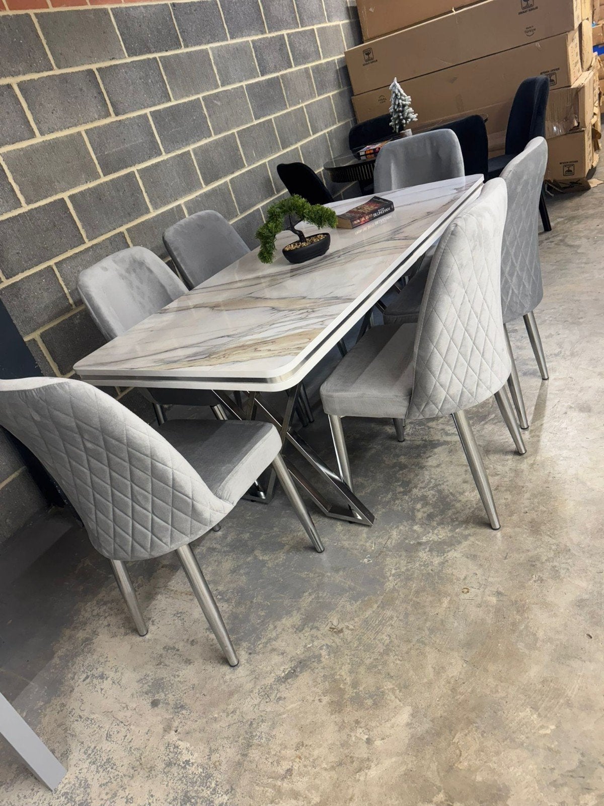 Turkse eettafel met 6 stoelen - Marmerlook, Ophalen of Verzenden, Zo goed als nieuw, Modern, Luxe, 4 tot 6 stoelen