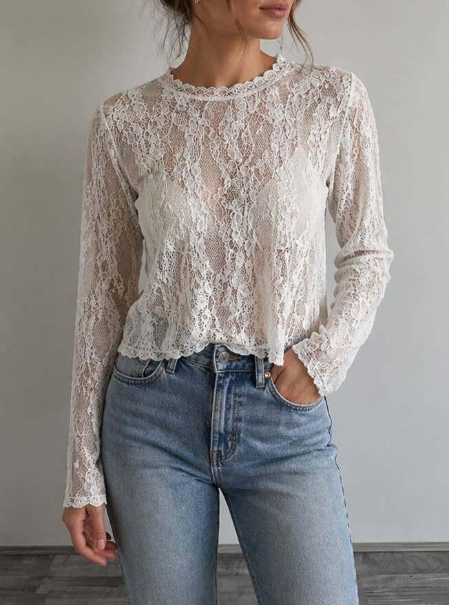 Kanten top wit met bloemenstructuur maat L, Kleding | Dames, Tops, Ophalen, Wit, Maat 42/44 (L), Zo goed als nieuw