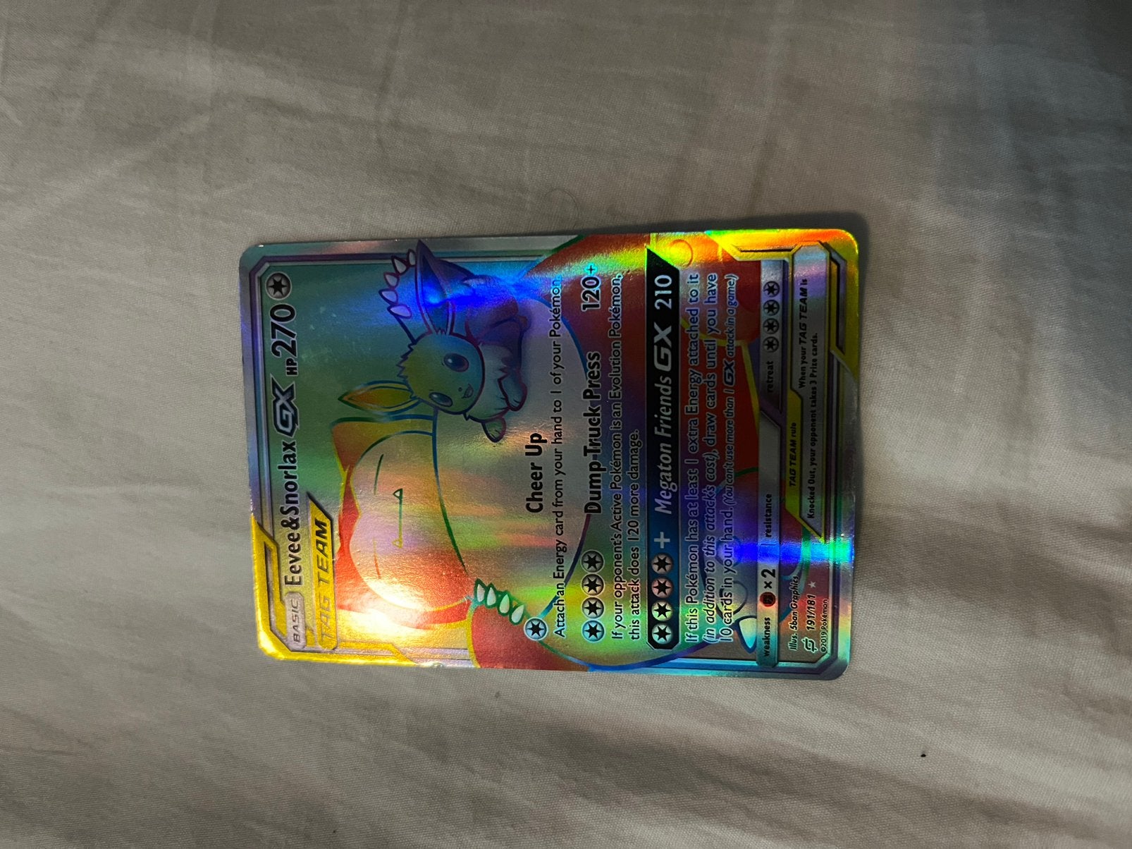 Pokémon Eevee & Snorlax GX Full Art Tag Team Kaart, Ophalen, Zo goed als nieuw, Losse kaart, Foil