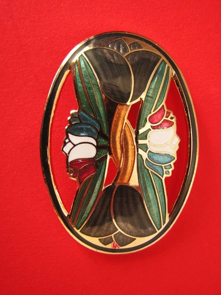 Mooie Ovale Cloissonnee Broche met Tulpen, Verzenden, Overige materialen, Broche