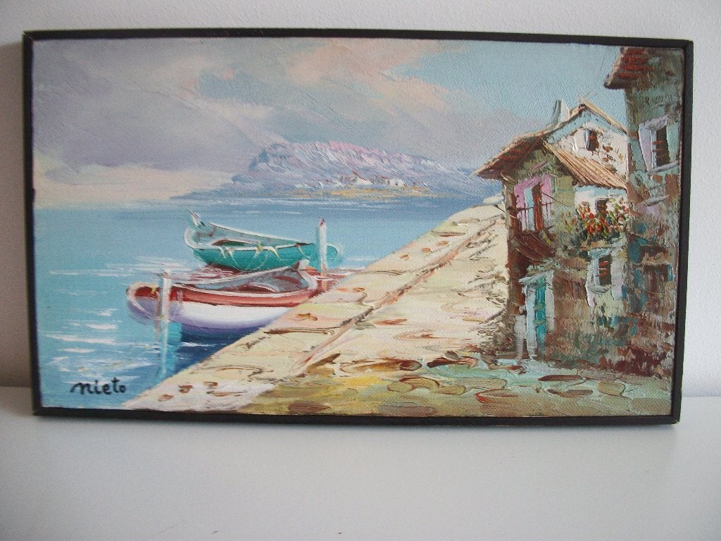 Schilderij Zee Boten aan de Kade 36 x 21 - Griekenland Nieto, Maritiem / water, Doek, Ophalen of Verzenden, Klassiek