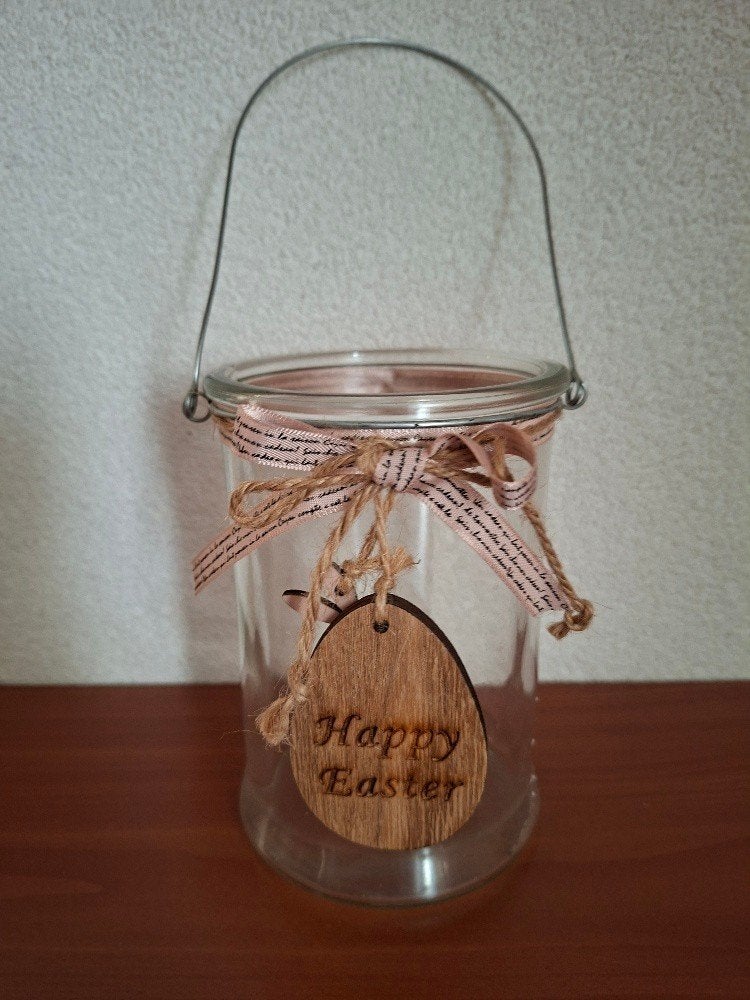 stevige pot /vaas met lintje en houten Paas decoratie, Ophalen of Verzenden, Zo goed als nieuw, Overige kleuren, Glas