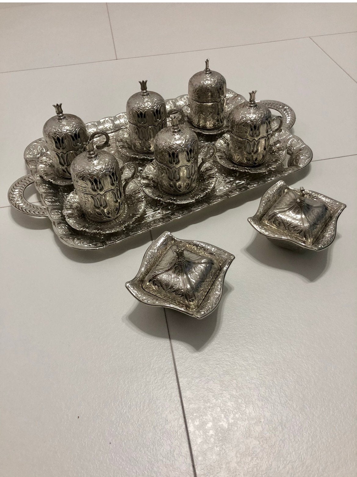 6 pers traditioneel Turkse koffieset metaal met porselein, Ophalen, Overige merken, Overige typen, Vintage