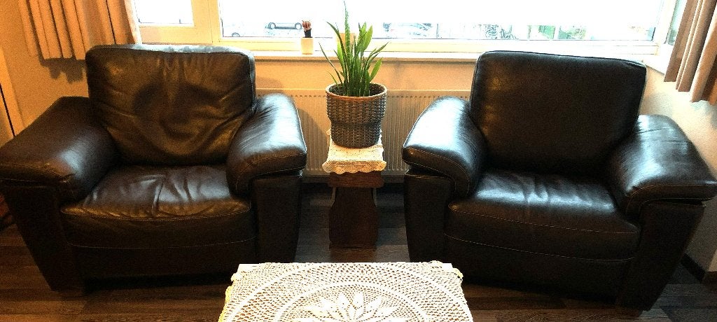 2 lederen fauteuils - Italiaans (merk Nicoline), Ophalen, Gebruikt, 100 tot 125 cm, Leer