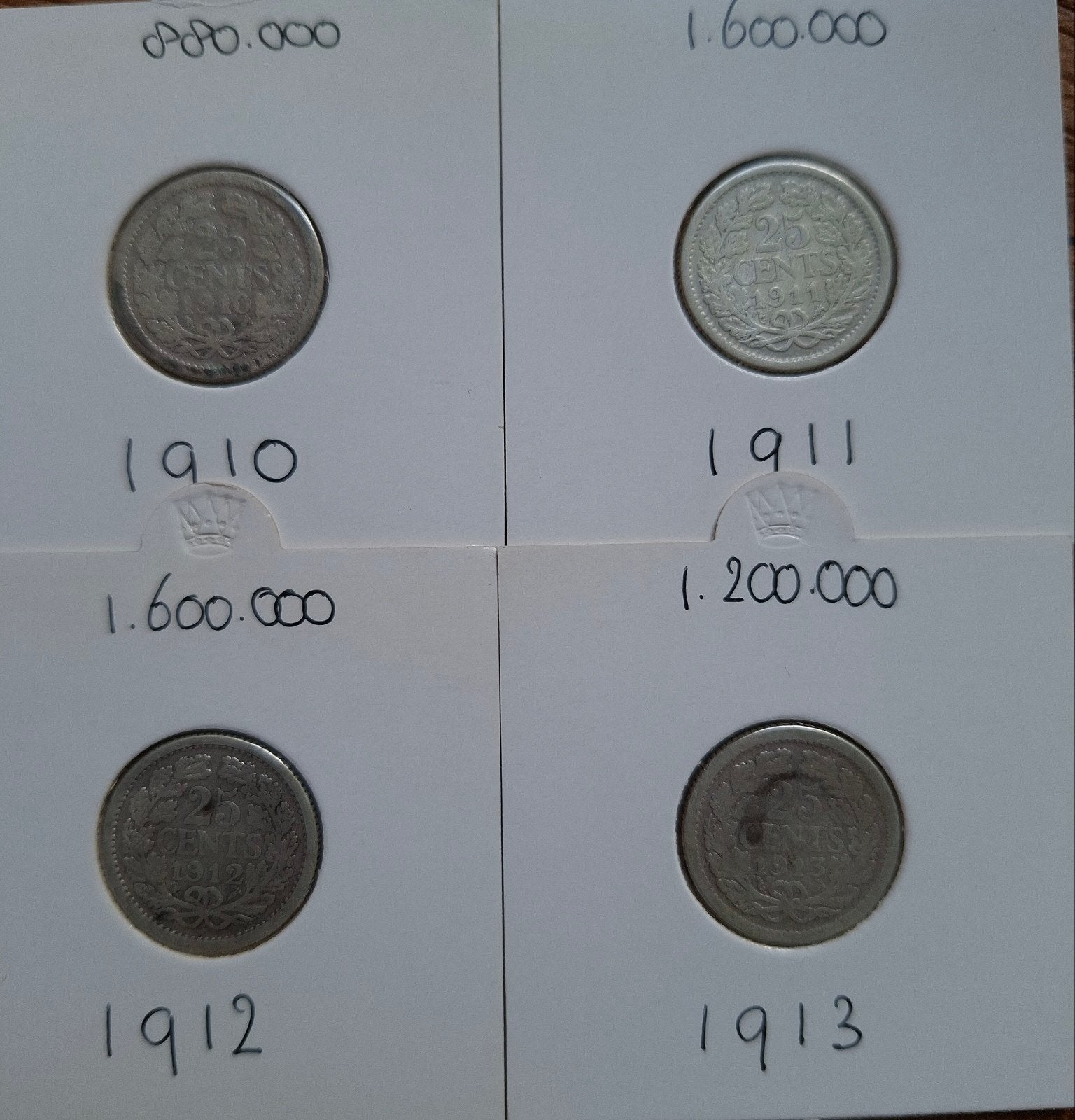 Kwartjes / 25 cent 1910, 1911, 1912, 1913 | zeldzaam, Postzegels en Munten, Munten | Nederland, Setje, Zilver, 25 cent, Ophalen of Verzenden