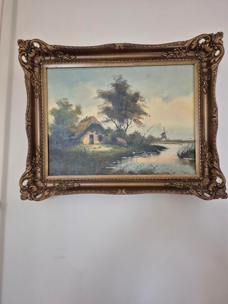Oud Hollands Landschap Schilderij met Molen en Boerderij, Antiek en Kunst, Kunst | Schilderijen | Klassiek, Ophalen of Verzenden