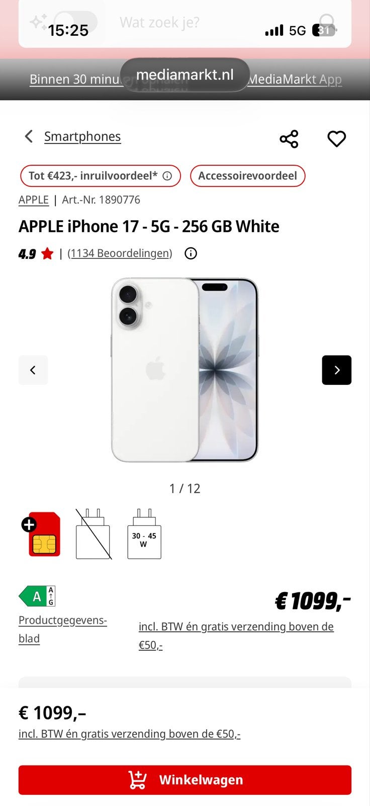 Apple iPhone 17 - 256 GB Wit, Telecommunicatie, IPhone 17 Air, Wit, Nieuw, Zonder simlock