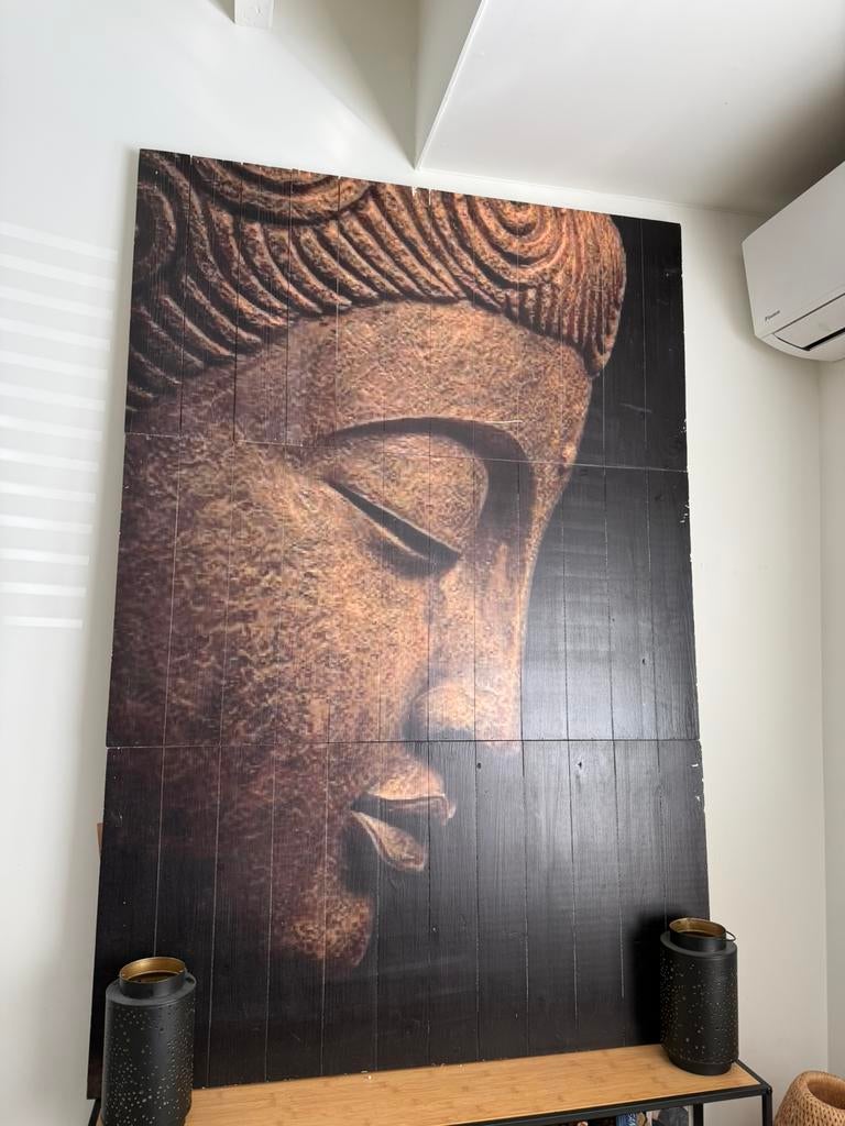Buddha boeddha 3 luik drieluik hout schilderij, Ophalen, Zo goed als nieuw, 100 tot 125 cm, Schilderij